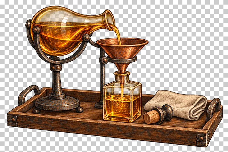 A supported flask pours through a copper funnel into a receiving bottle on a tray with a stopper and cloth.