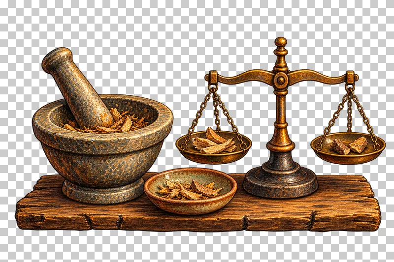 A root mortar, complete two-pan beam balance and low ingredient dish arranged on one narrow work plank.