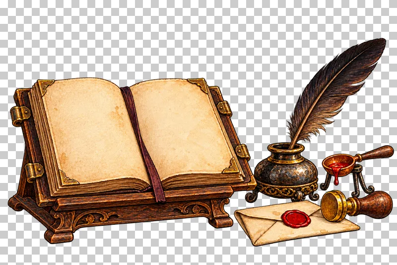 An asymmetric writing group with a blank open grimoire on a bookrest, quill inkpot and sealing tools.