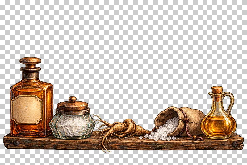 A low apothecary footer of unlike containers, a root and salt pouch on a plank with open space above.