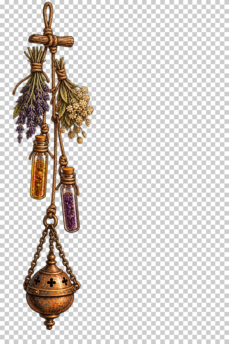 A narrow hanging left border with tied drying bundles, two sealed phials and a censer, leaving the right clear.