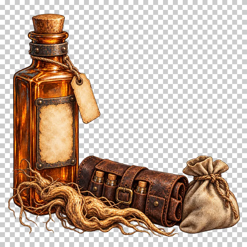 An L-shaped bottle, root, folded vial wallet and pouch arrangement leaving the upper-right area clear.