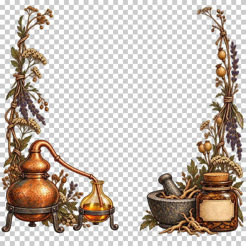 An open apothecary surround with low apparatus groups and tied drying stems around a large clear center.
