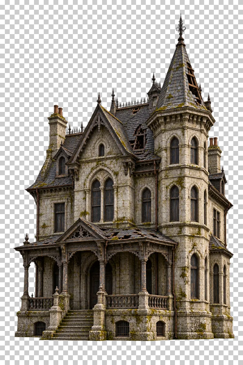 Decaying Victorian manor rendered in weathered materials with a transparent background.