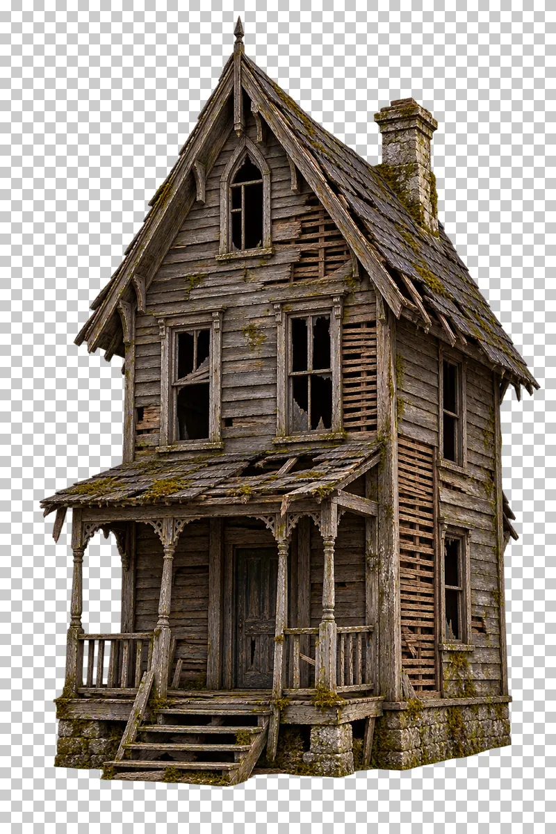 Abandoned steep-gable timber house rendered in weathered materials with a transparent background.