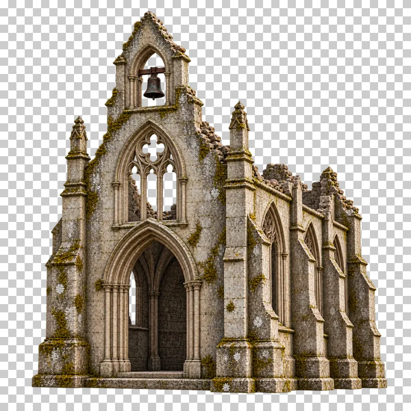Roofless Gothic cemetery chapel rendered in weathered materials with a transparent background.