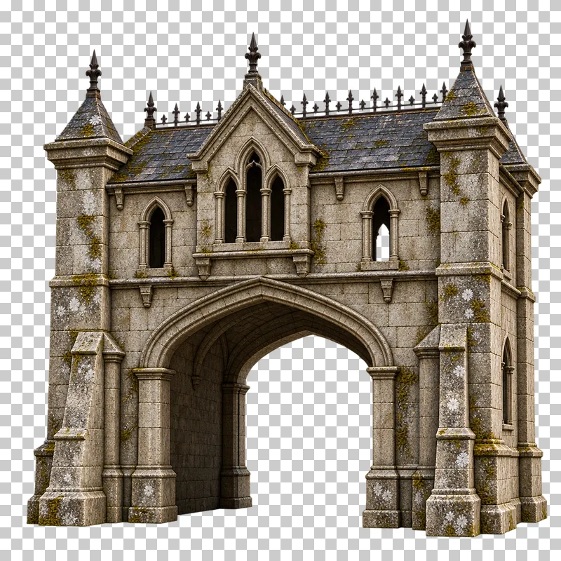 Cemetery gatehouse with through-passage rendered in weathered materials with a transparent background.