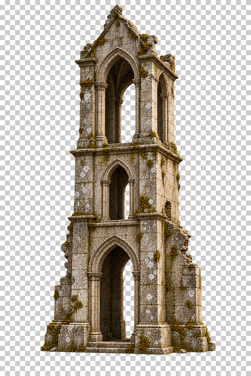 Ruined freestanding bell tower rendered in weathered materials with a transparent background.