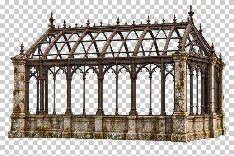 Derelict glassless conservatory rendered in weathered materials with a transparent background.