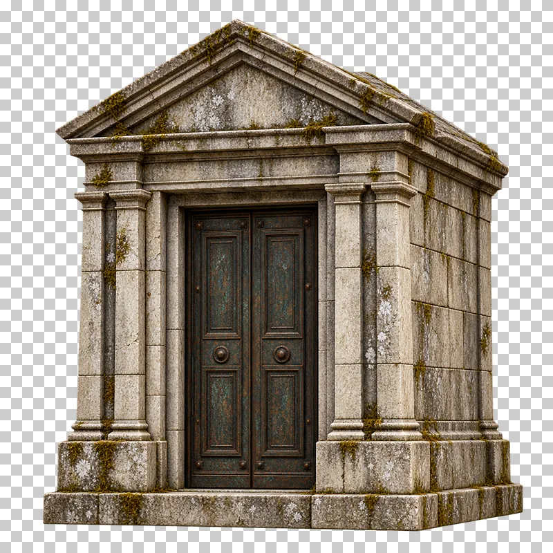 Pedimented family mausoleum rendered in weathered materials with a transparent background.