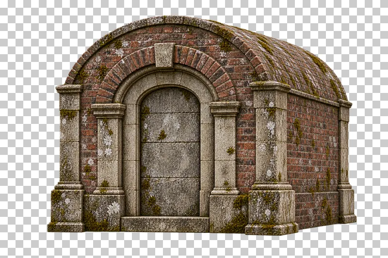 Brick barrel-vaulted crypt rendered in weathered materials with a transparent background.