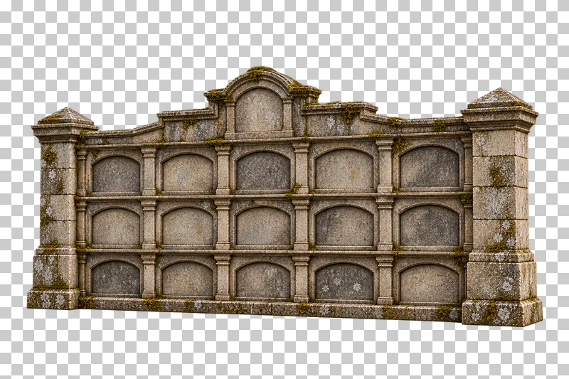 Cemetery columbarium wall rendered in weathered materials with a transparent background.