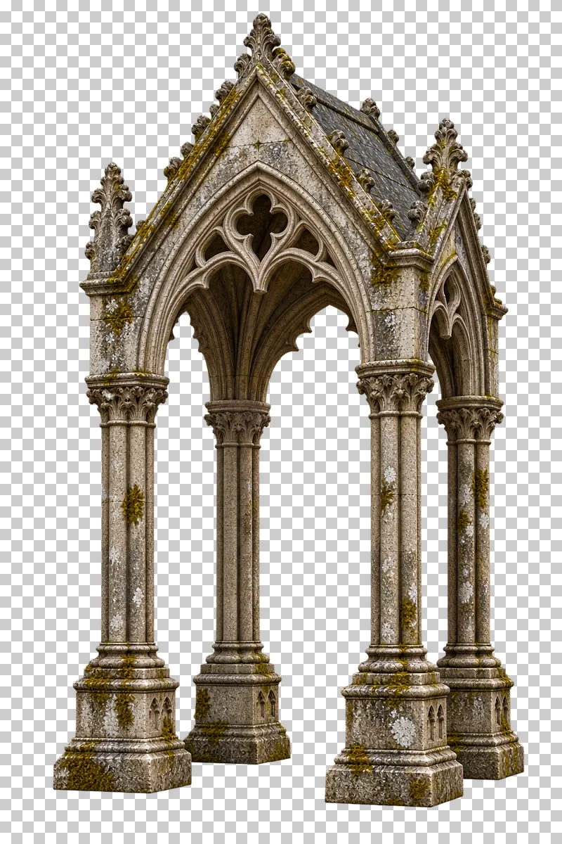 Open stone memorial canopy rendered in weathered materials with a transparent background.
