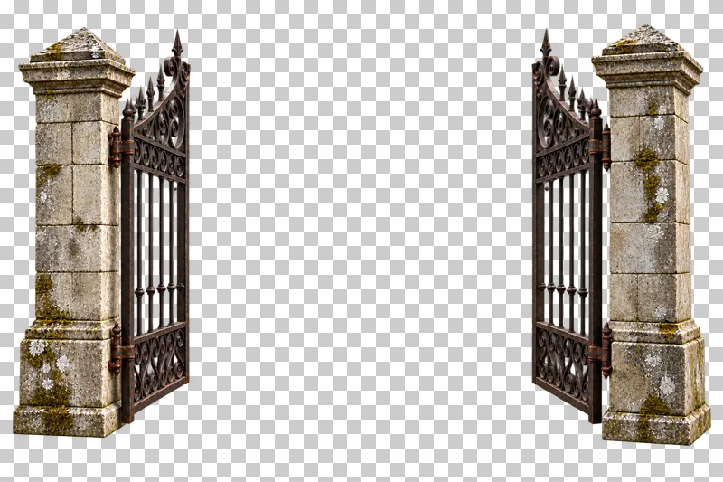 Open double iron cemetery gate rendered in weathered materials with a transparent background.