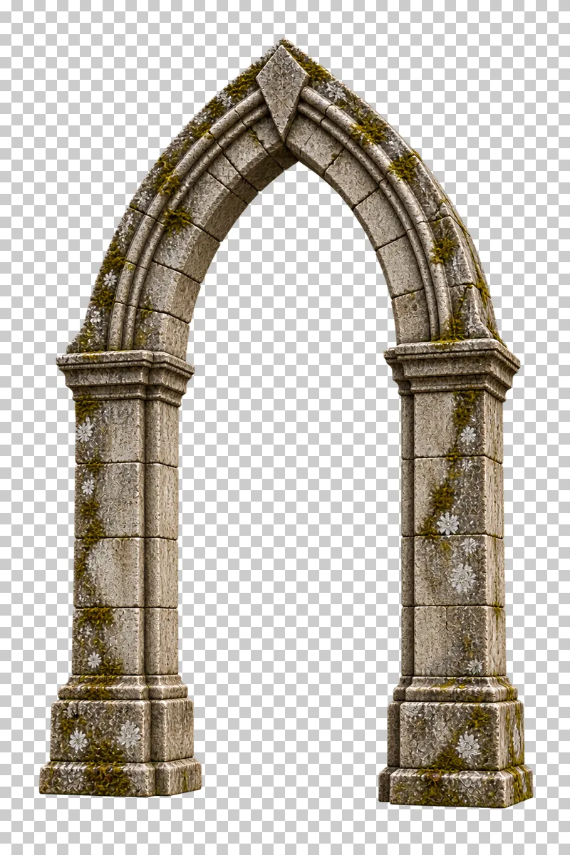 Freestanding pointed stone gateway rendered in weathered materials with a transparent background.