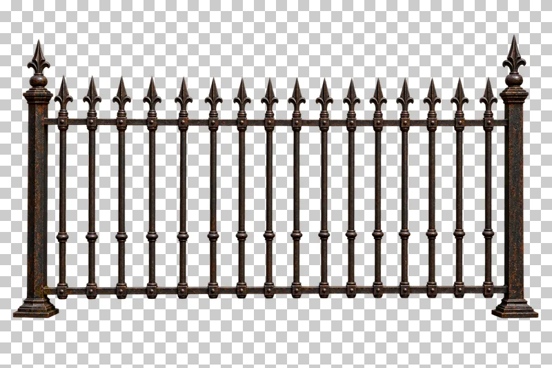 Wrought-iron fence section rendered in weathered materials with a transparent background.