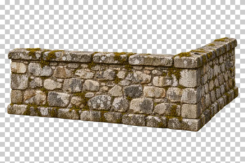 L-shaped stone boundary wall rendered in weathered materials with a transparent background.