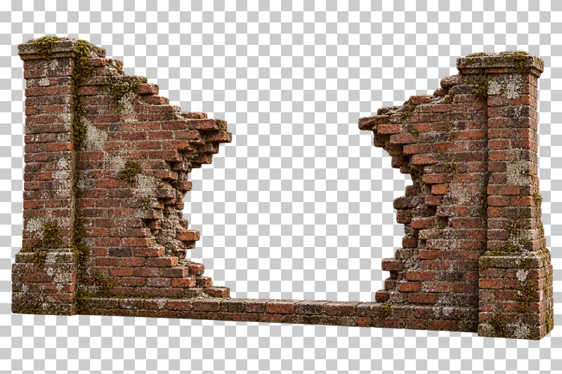 Breached cemetery brick wall rendered in weathered materials with a transparent background.