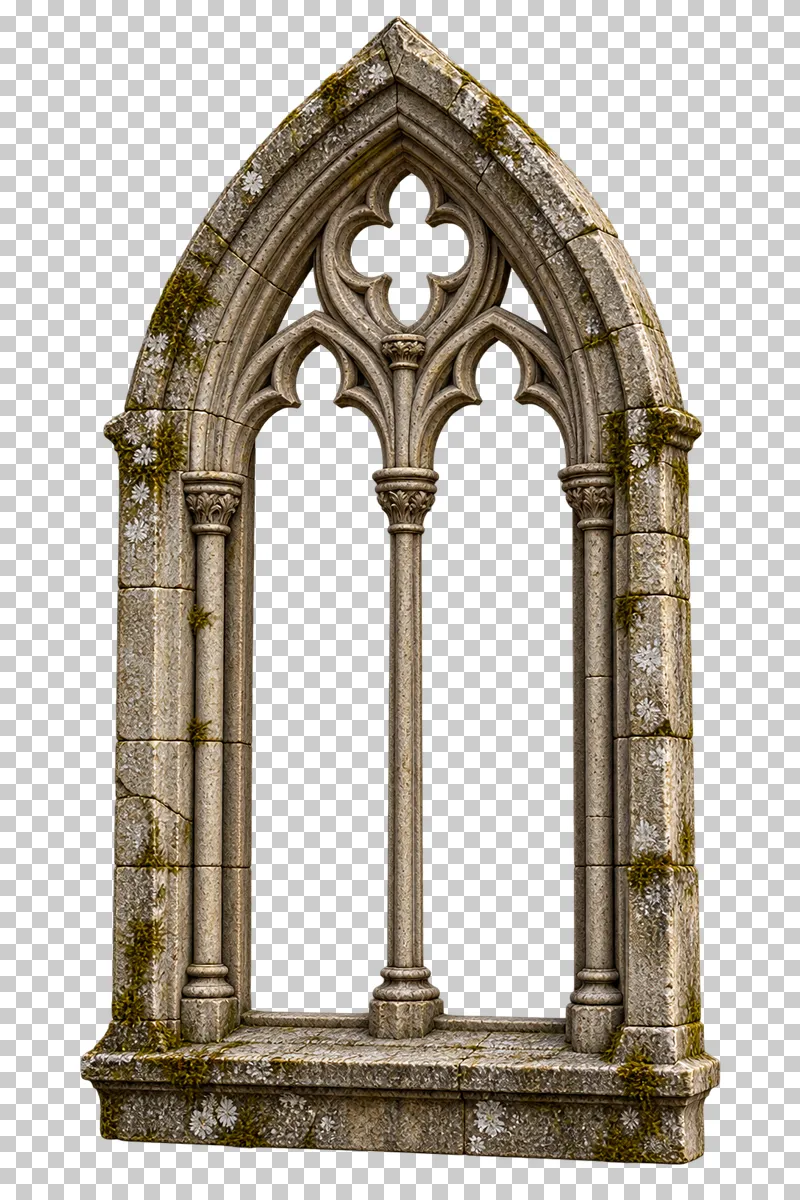 Empty Gothic lancet window surround rendered in weathered materials with a transparent background.