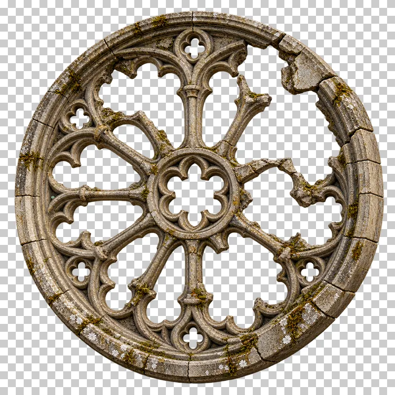 Broken rose-window tracery rendered in weathered materials with a transparent background.