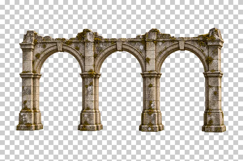 Ruined three-arch stone arcade rendered in weathered materials with a transparent background.