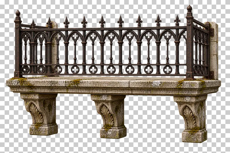 Gothic balcony with iron rail rendered in weathered materials with a transparent background.