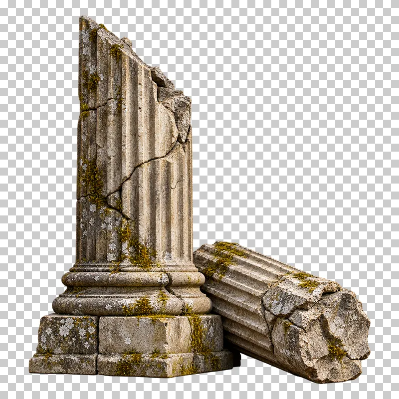 Broken stone column and shaft fragment rendered in weathered materials with a transparent background.