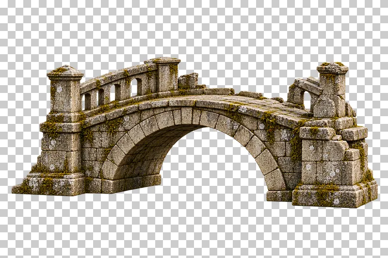 Short stone footbridge with broken parapet rendered in weathered materials with a transparent background.