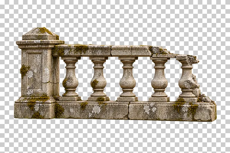 Broken stone balustrade section rendered in weathered materials with a transparent background.