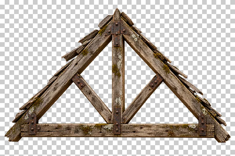 Exposed weathered timber roof truss rendered in weathered materials with a transparent background.