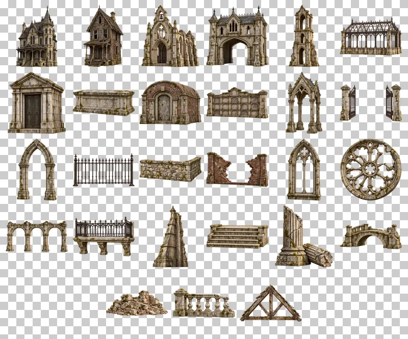Halloween Haunted Architecture PNG Collection: all 27 elements in one grid
