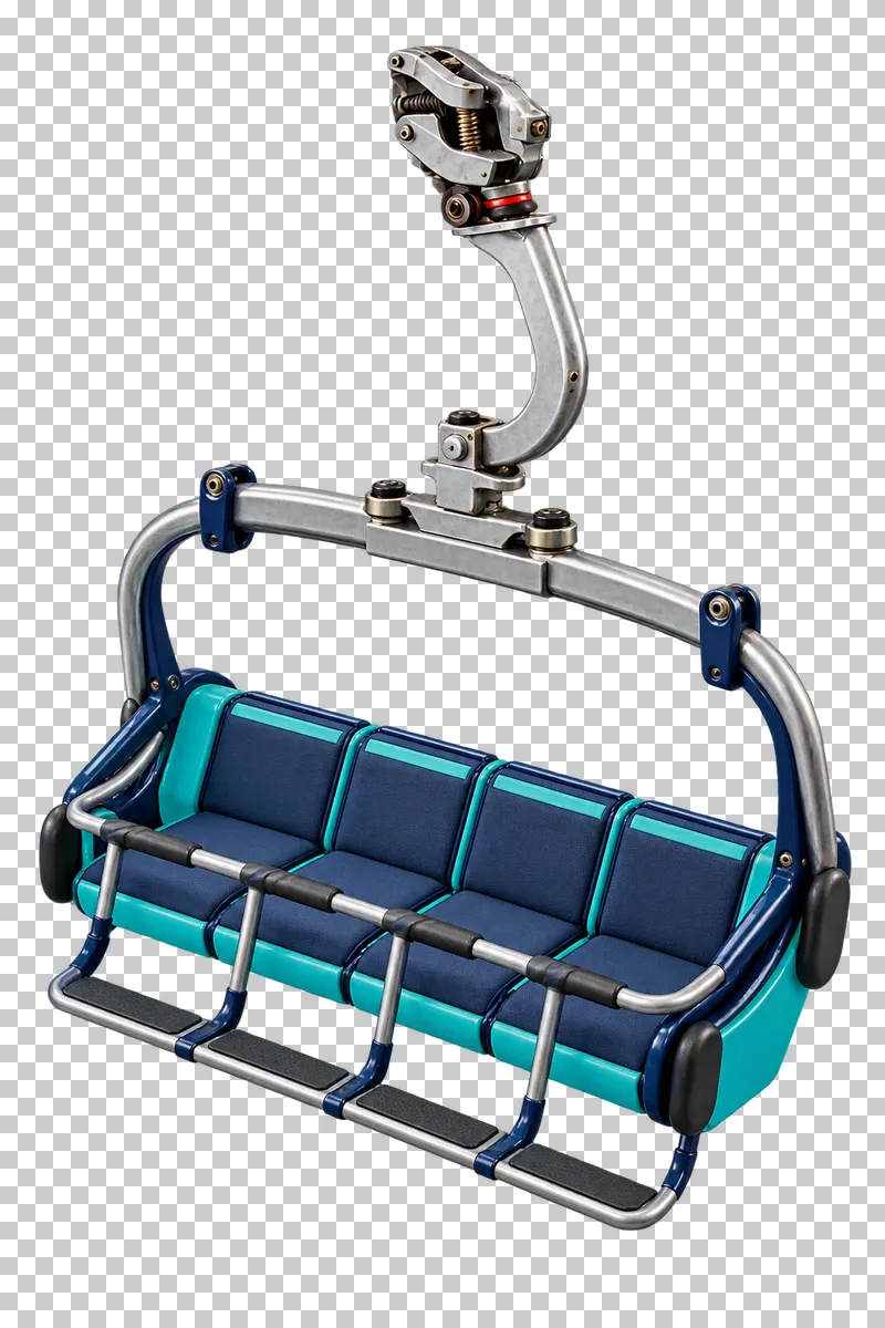 A silver, navy and teal four-seat chairlift carrier with a lowered safety bar, footrests and an overhead hanger.