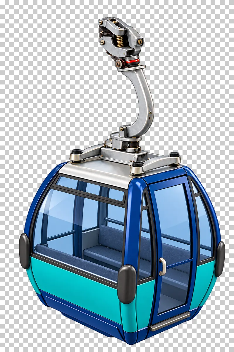 An empty navy and teal gondola cabin with framed tinted windows, a closed door and a silver overhead hanger.