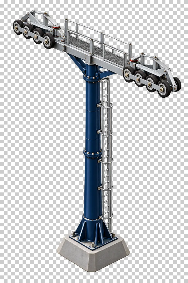 A navy lift support tower with a ladder, concrete base and two banks of cable-guide wheels.