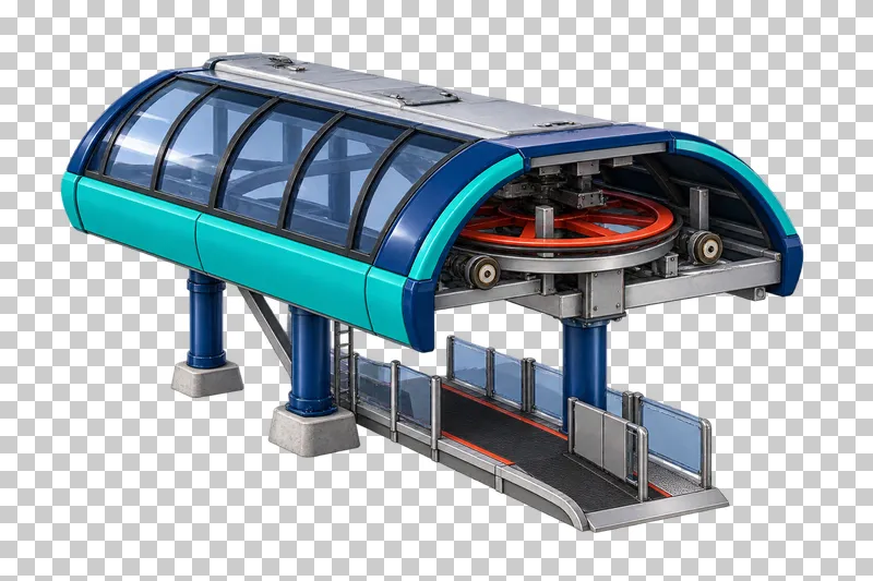A covered teal lift terminal with a red bullwheel, support posts and an open loading passage.