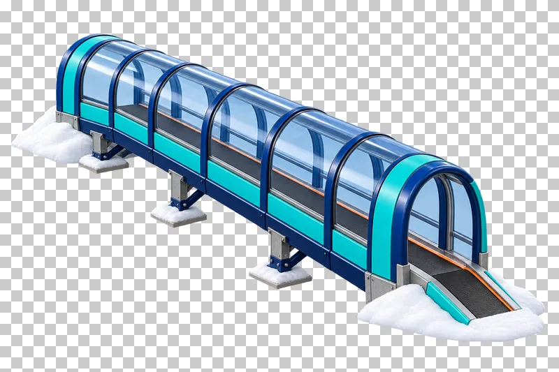 A short inclined conveyor lift inside a curved transparent enclosure, with entry and exit ramps.
