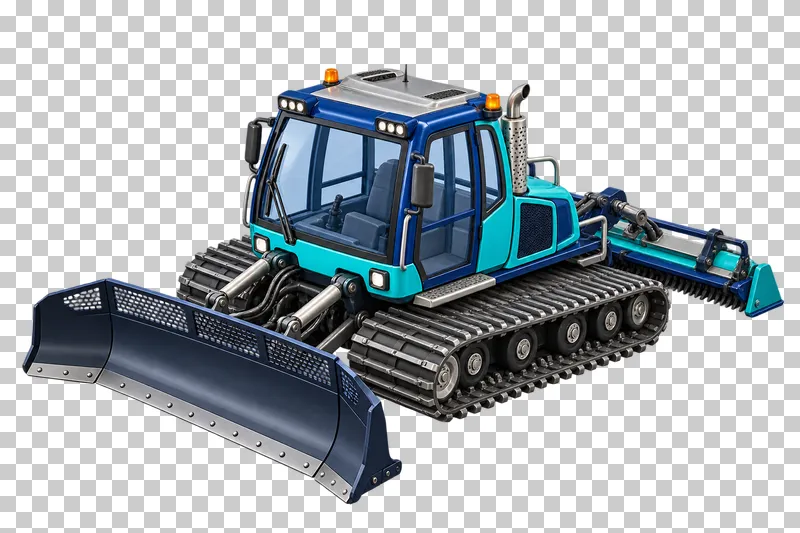 A navy and teal tracked piste groomer with a front snow blade and a connected rear tiller.