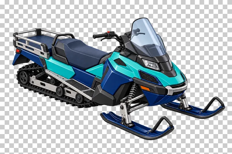 A navy and teal utility snowmobile with two front steering skis, a rear track and an empty seat.