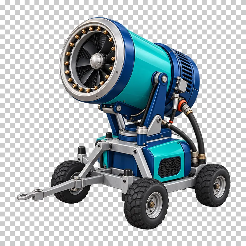 A teal fan snow cannon with a silver nozzle ring, connected hoses and a wheeled support frame.