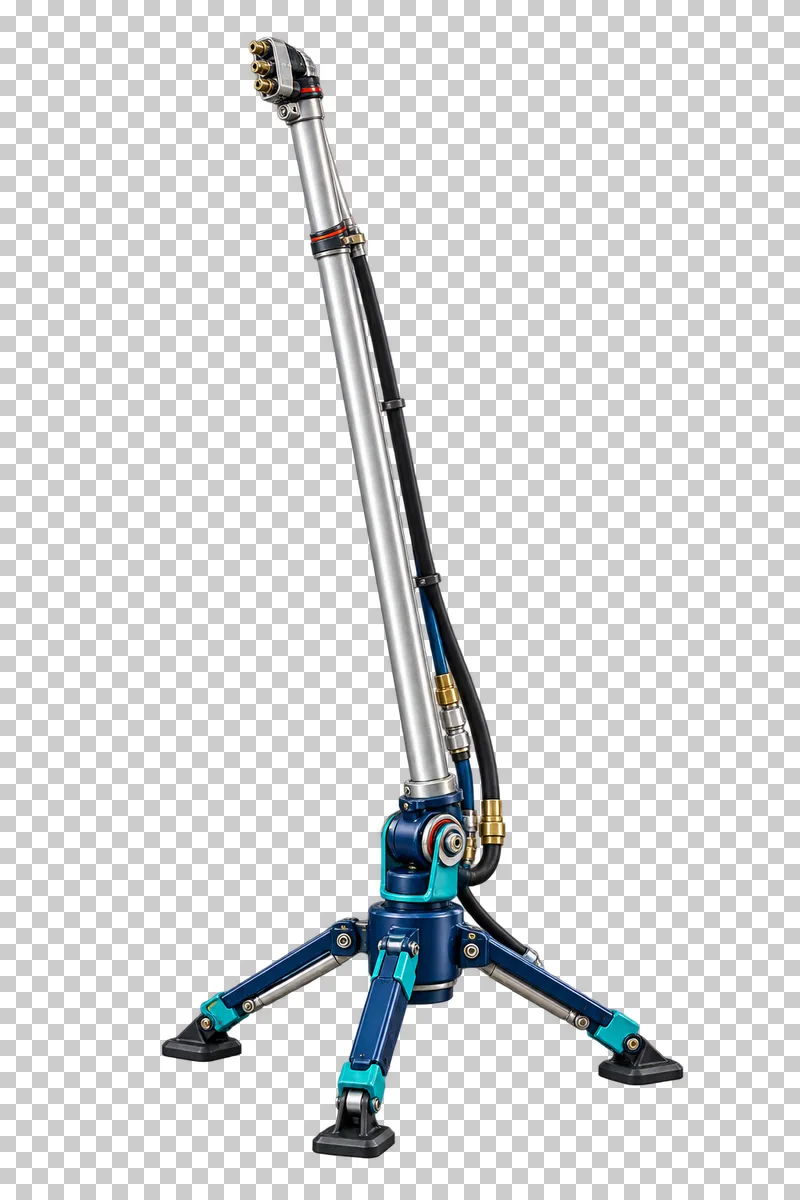 A tall silver snowmaking lance with a compact nozzle head, hoses and a teal tripod base.