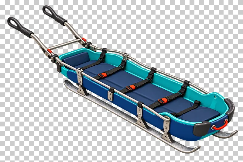 An empty navy and teal ski-patrol rescue toboggan with restraint straps, two control handles and runners.