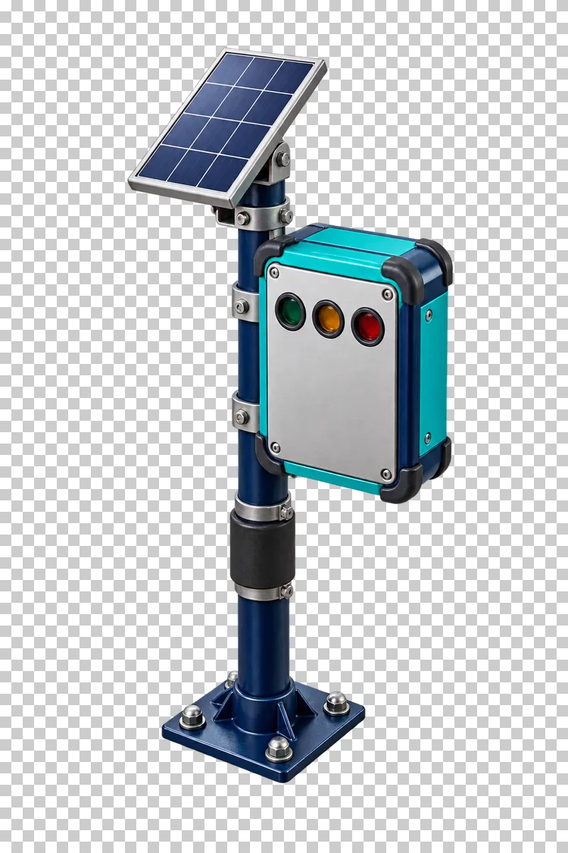 A fixed avalanche-beacon check station with a solar panel and three unlit indicator windows.