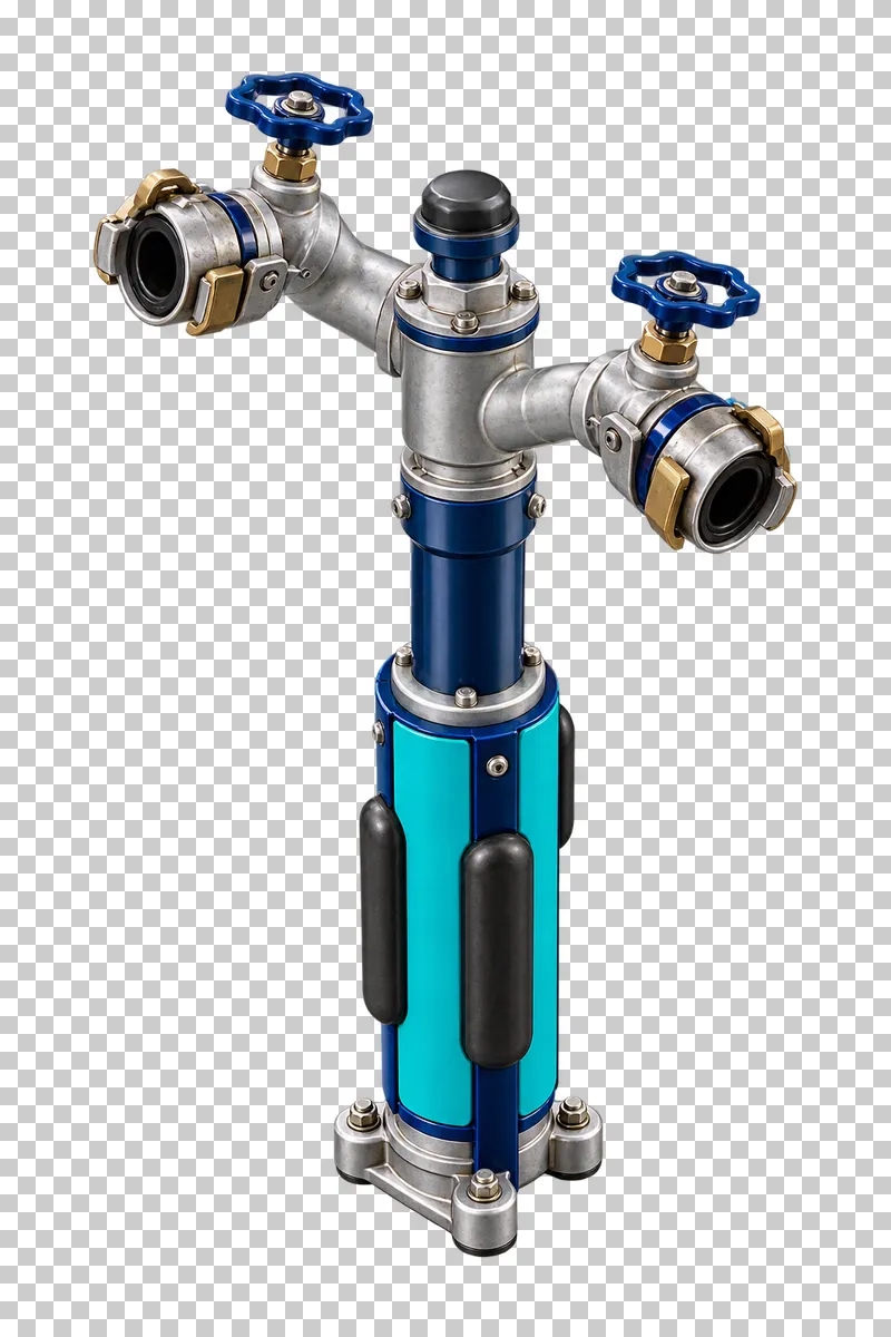 A silver snowmaking hydrant with two hose couplings, two valve handles and a padded teal standpipe.