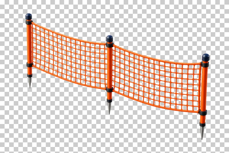An orange piste safety net suspended between three flexible poles, with open mesh holes.