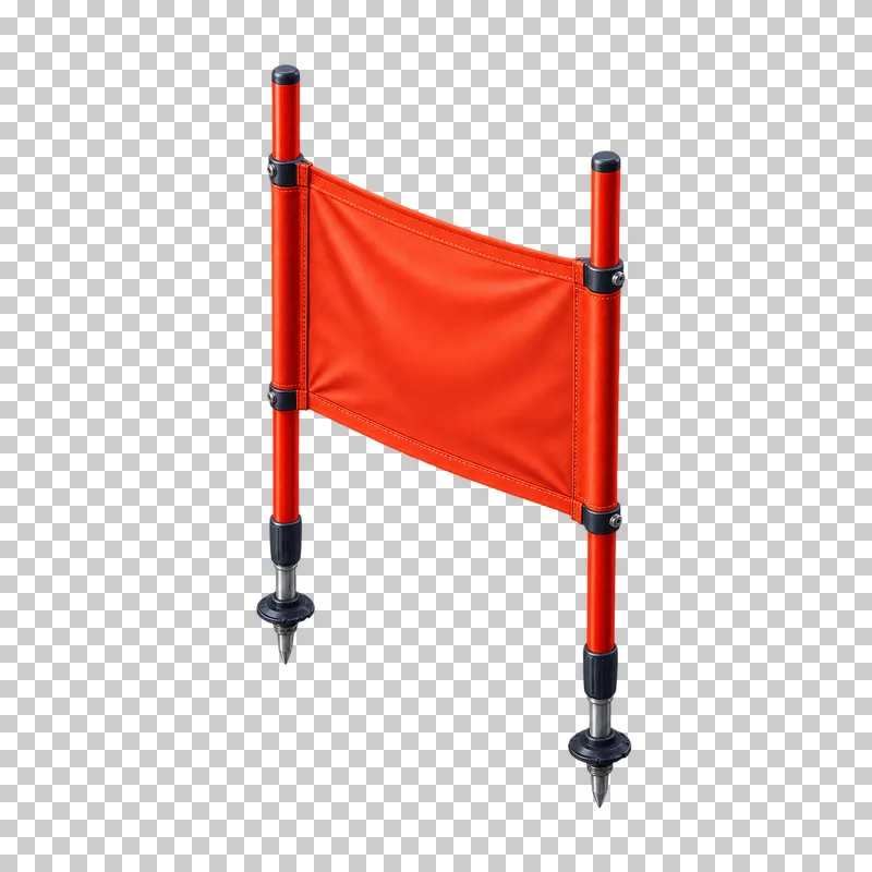 A red slalom fabric panel held between two complete poles with pointed lower tips.