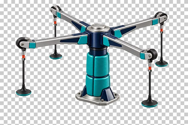 A teal ski-training tow carousel with four silver radial arms and four hanging tow grips.