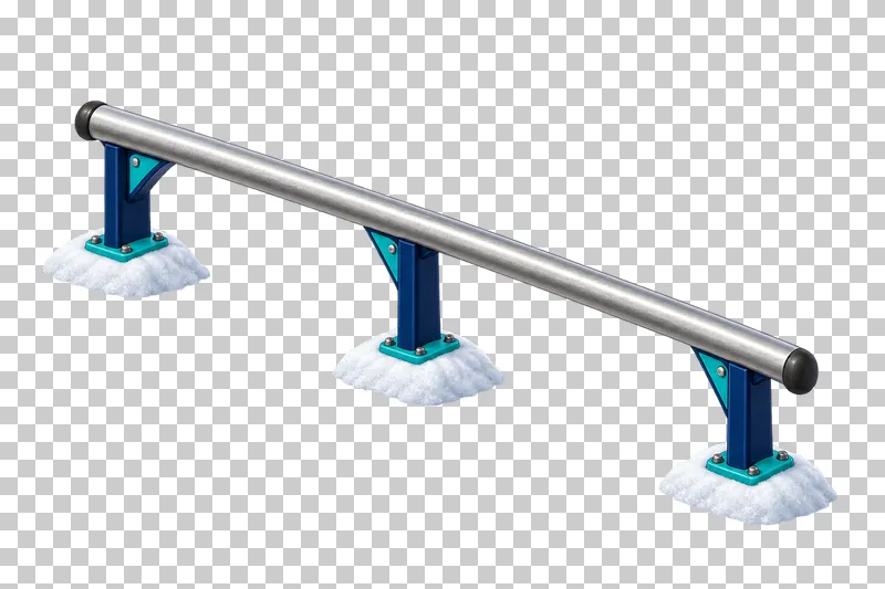A straight silver terrain-park rail on three navy supports with small snow footings.