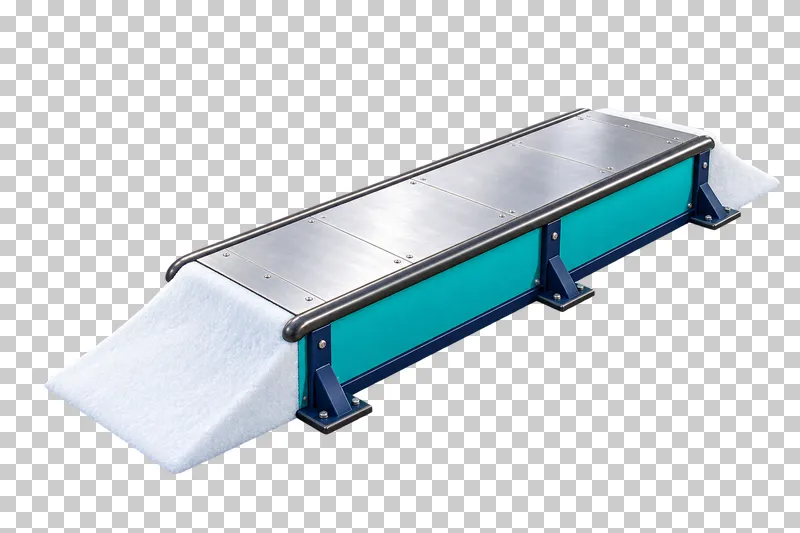 A broad terrain-park funbox with a silver riding surface, teal side panels and snow approaches.