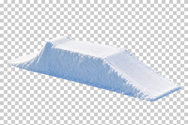 A packed-snow tabletop jump with a short curved takeoff, a flat deck and a long sloping landing.