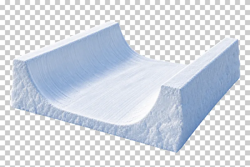 A short packed-snow halfpipe section with two curved parallel walls, a flat bottom and open ends.